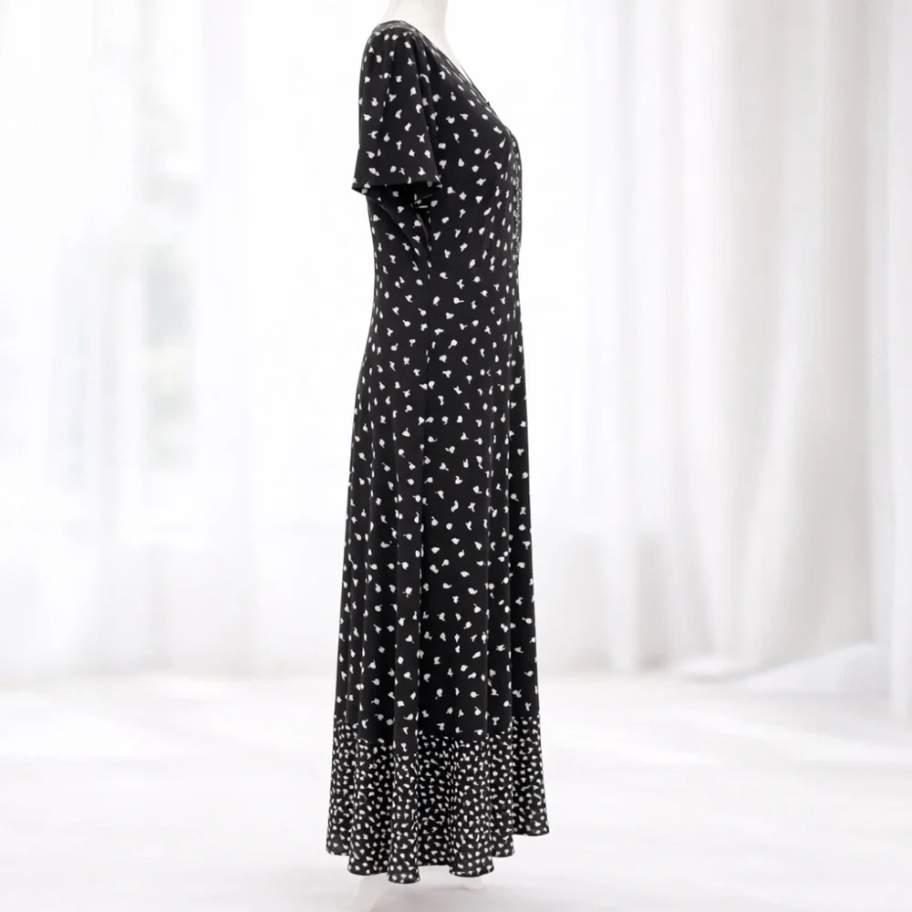 Talbots Womens 12 Flutter Sleeve Midi Dress Black White Dot Pockets Lined A-Line - Picture 3 of 13